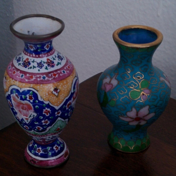 Mini Cloisonne Vase Antique Enamel Set of 2